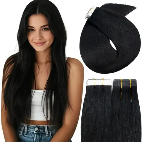 MY-LADY Tape In Weft Human Hair Extensions Set, 10/20pcs Pack 100% Remy Bundled Natural Straight Extension Hairpiece, Tangle-Free Shiny Strands for Women’s Long Hairstyle Goals, Camping Essential, Natural Straight Hair