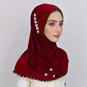 Elegant Solid Color Hijab with Faux Pearl Accents - Breathable Polyester, Non-Stretch, Perfect for Ramadan & Casual Attire