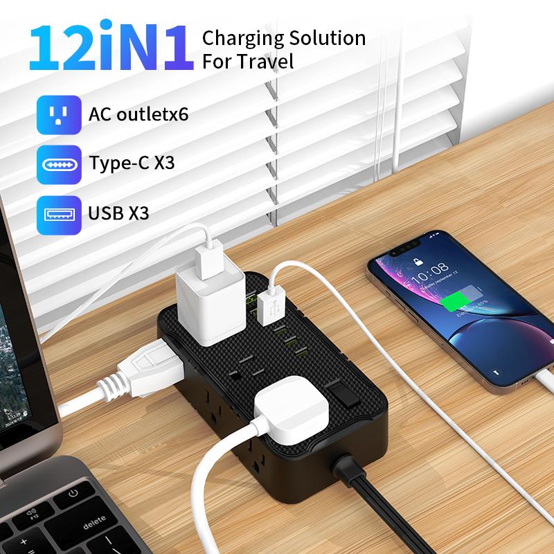6.5FT/10FT/15FT extension line power board, 1pc 12-in-1 power board/power socket/power strip, 6 AC sockets, maximum power of 1250.W, 10A, 3 USB 3Type-C, suitable for home, office, travel and computer.