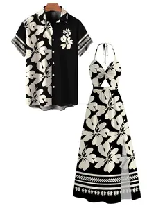Hawaii Vacation Couple Outfit Plumeria Floral Tribal Print Twisted Cut Out Bowknot Slit Halter Dress and Shirt Set Sleeve Womenswear