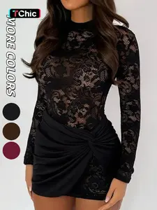 Women's Sexy Chic Plain Lace Long-Sleeve Fitted Dress, Perfect for Casual Wear, Comfortable and Stylish