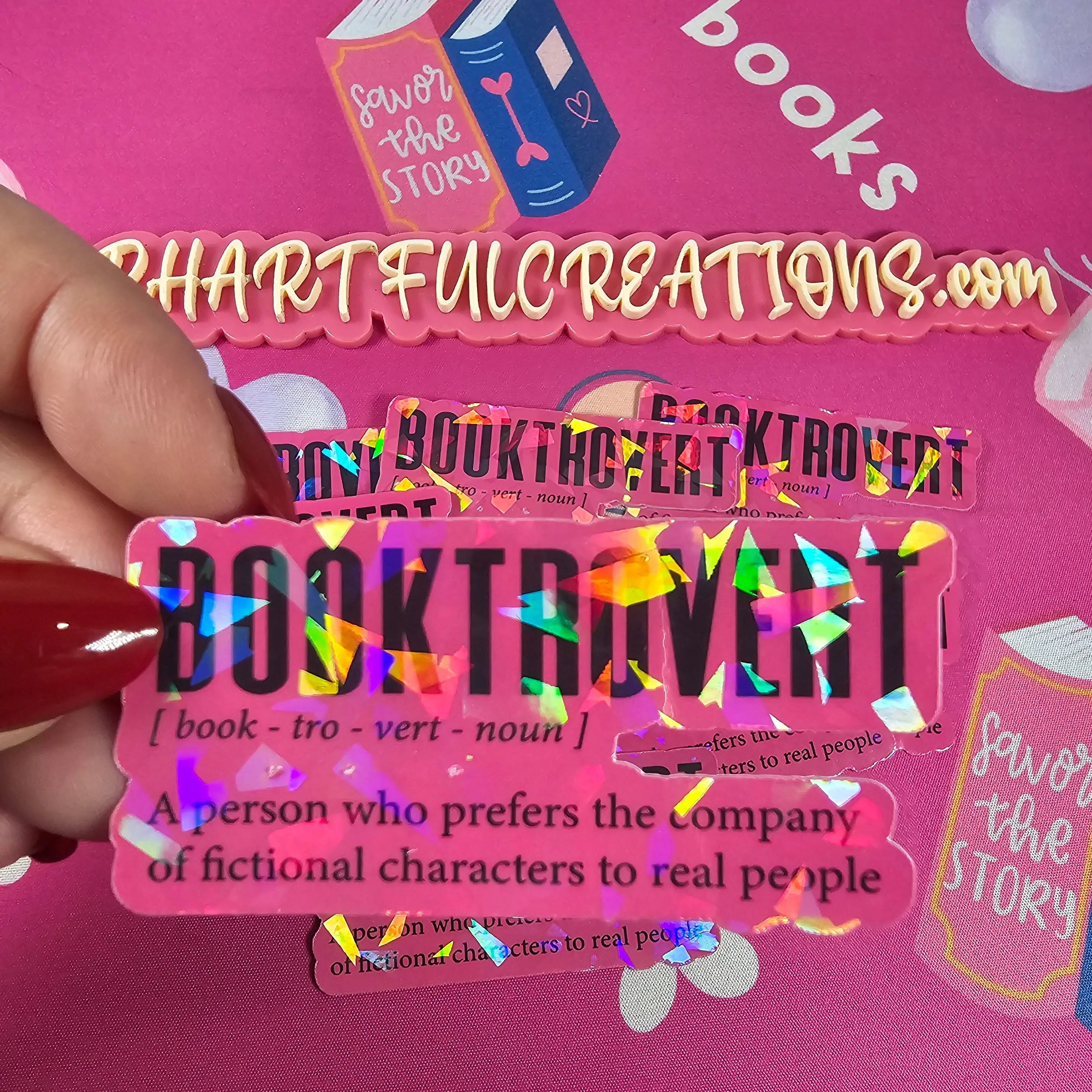 Holographic Booktrovert Adhesive Stickers - Handmade DIY Decorative Decals, Water-Resistant Rainbow Shine Handmade Gifts for Cozy Readers by RH Artful Creations, Adds Personality, Great Stocking Stuffer