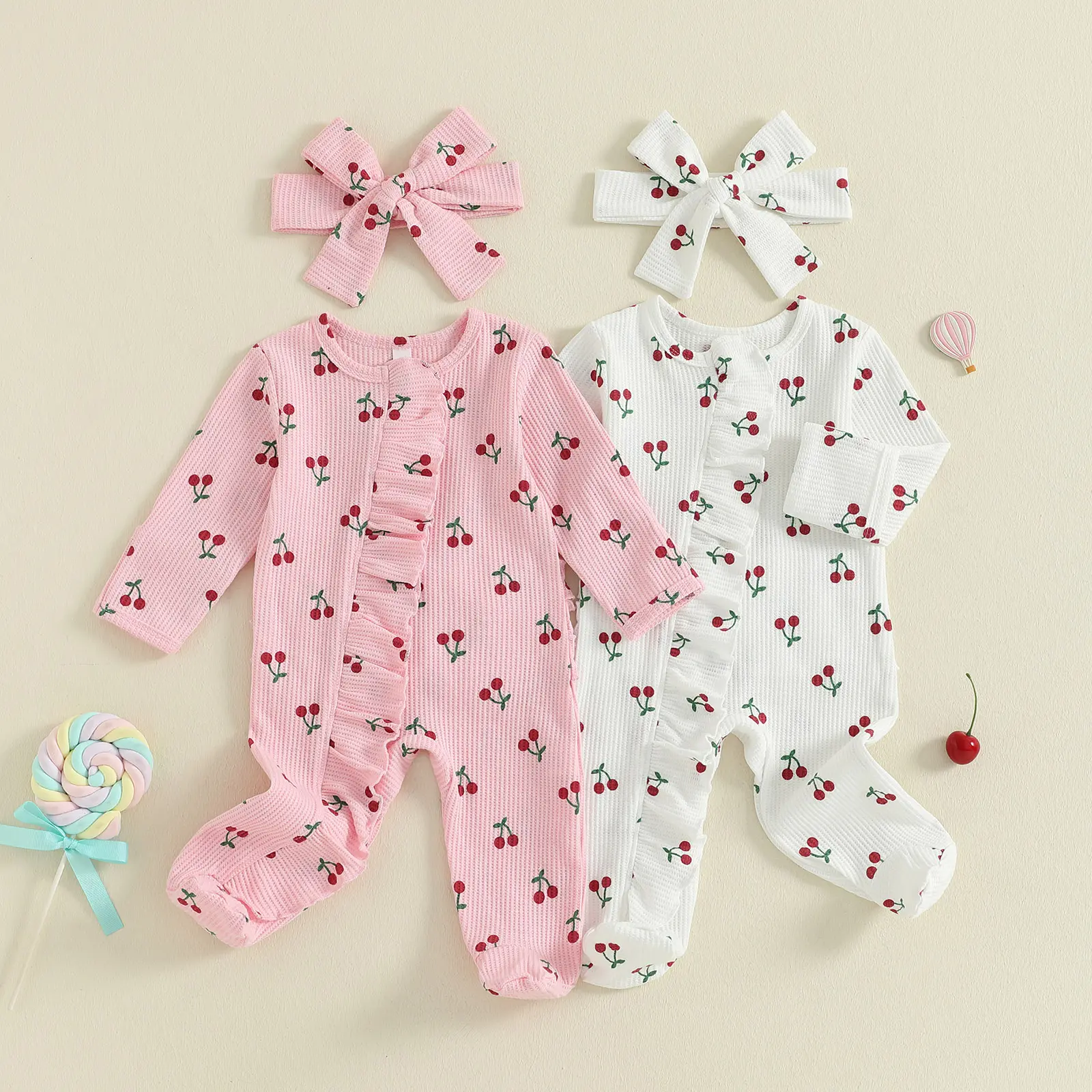 Canrulo Newborn Baby Girl Outfit Cherry Print Ruffled Long Sleeve Zipper Jumpsuit Infant Footie Romper Fall Clothes Headband