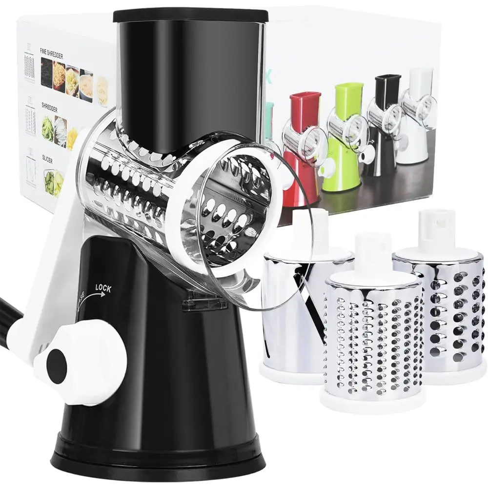 Stainless Steel Rotary Cheese Grater Shredder with Handle - Durable Kitchen Mandoline Utensil, 3 Interchangeable Blades, Blade Swap, Strong Suction Base, Detachable & Easy to Clean, Uniform Cuts, Black (for Vegetables, Fruit), Cutter, Mealtime