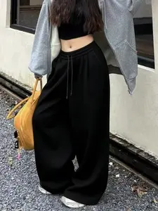Black Wide Leg Minimalist Sweatpants - Womenswear Drawstring Waist Baggy Trousers, Everyday Casual Pants