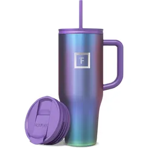 IRON °FLASK Co-Pilot Insulated Mug w/Straw & Flip Cap Lids - Cup Holder Bottle for Hot, Cold Drink - Leak-Proof - Water, Coffee Portable Travel Mug - Aurora, 40 Oz