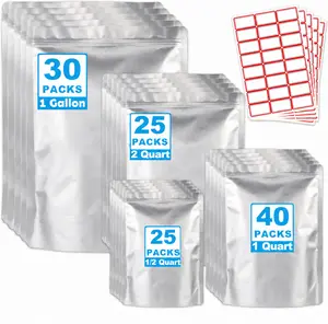 120 Mylar Bags For Food Storage - 1 Gallon (30pc), 1/2 Gallon (25pc), 1 Quart (40pcs),  1/2 Pint (25pc), Stand Up Resealable Mylar Bags