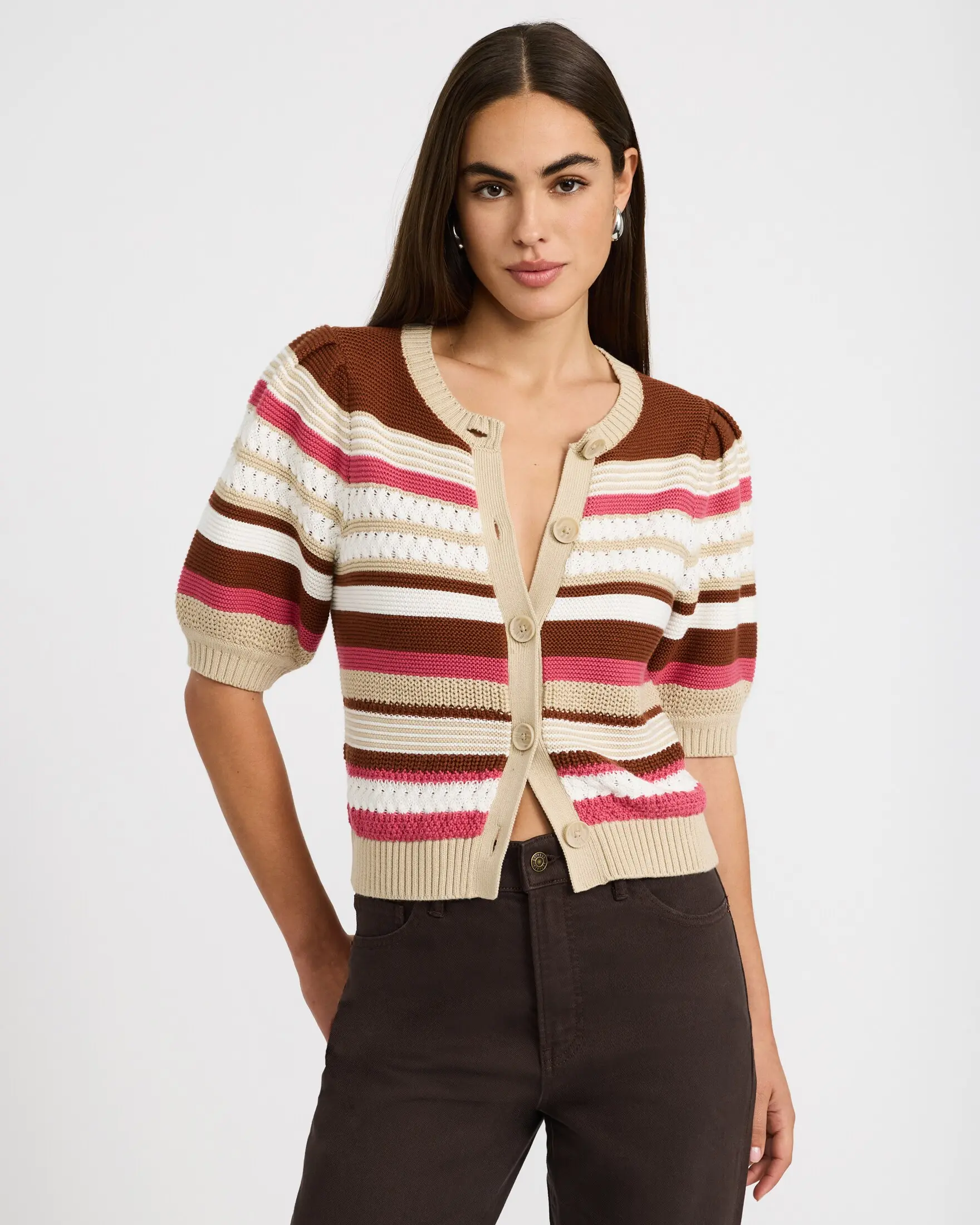 Express Cotton Striped Crew Neck Puff Sleeve Cardigan