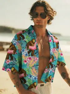 Unisex Gorilla Flamingo Tropical Floral Graphic Print Hawaiian Shirt, Loose Vacation Fit, Fun Street Style, Summer Beach & Holiday Versatile Top