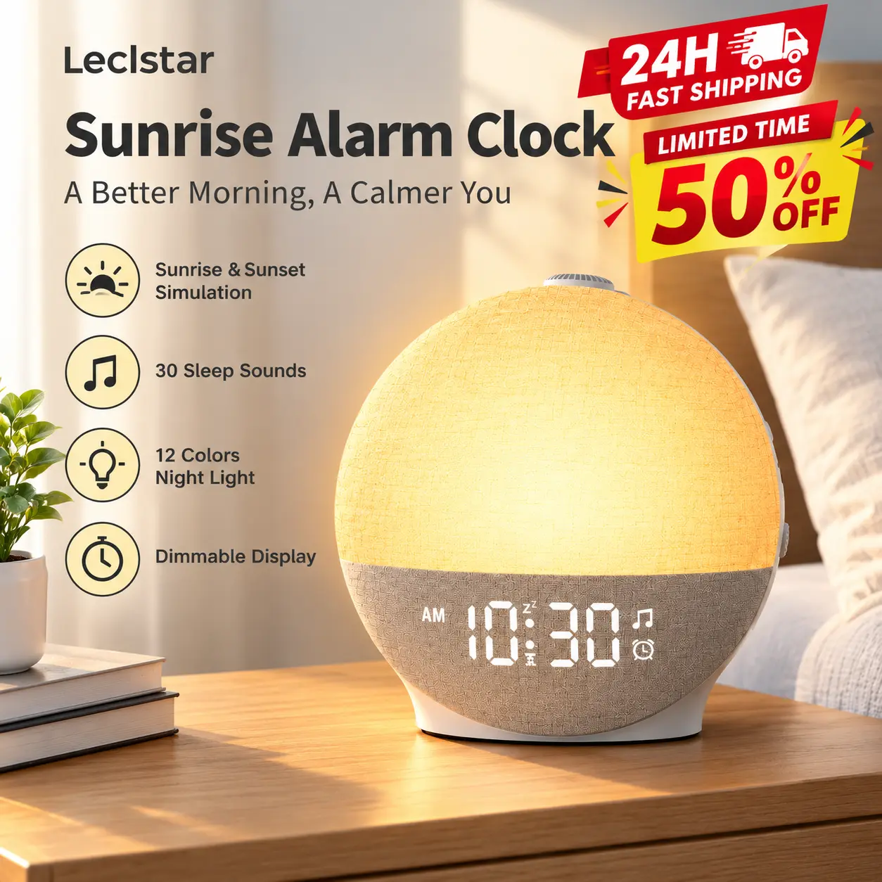 Leclstar Sunrise Alarm Clock, White Noise Machine & Wake Up Light, 30 Sleep Sounds, Dimmable LED Night Light with 12 Colors, Digital Alarm Clock, Sleep Aid for Bedroom, Adults & Kids Led Alarm Clock Decor