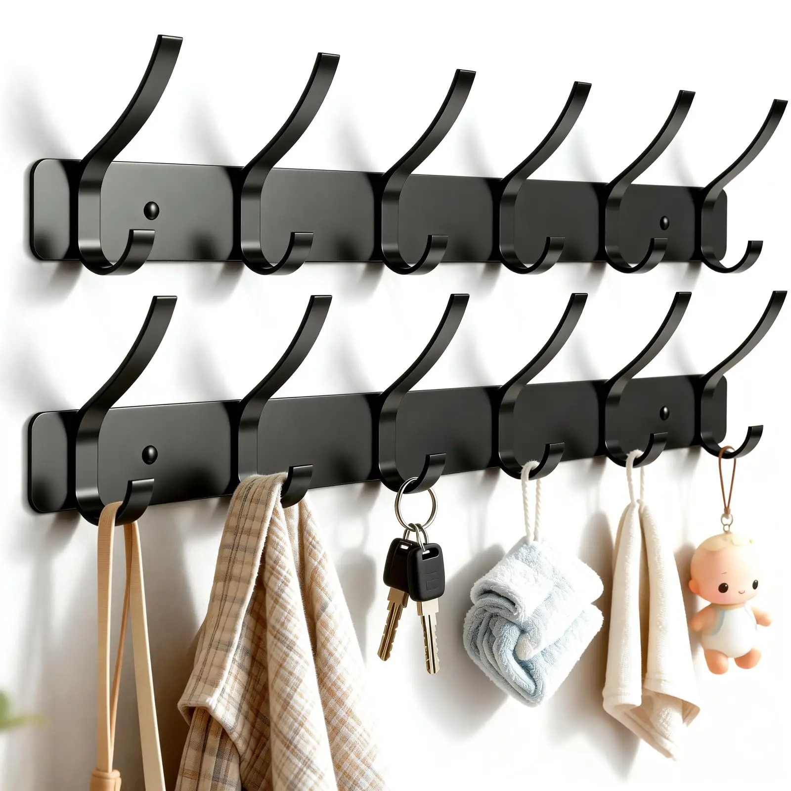 Wall Mounted Aluminium Coat Rack Organiser 2-Pack - 6-Hook Heavy-Duty Rustproof Hanging Rail for Clothes, Backpacks, Hats, Towels, Purses - Black Indoor Furniture Shelves & Racks