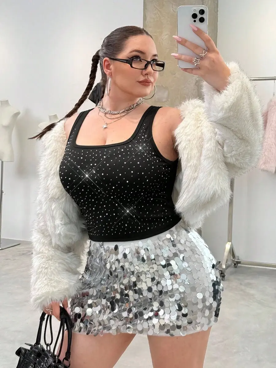 Plus Size Women Rhinestone Embellished Shiny Tank Top for Night Out Club Party Elegant Fairycore Comfortable Tops