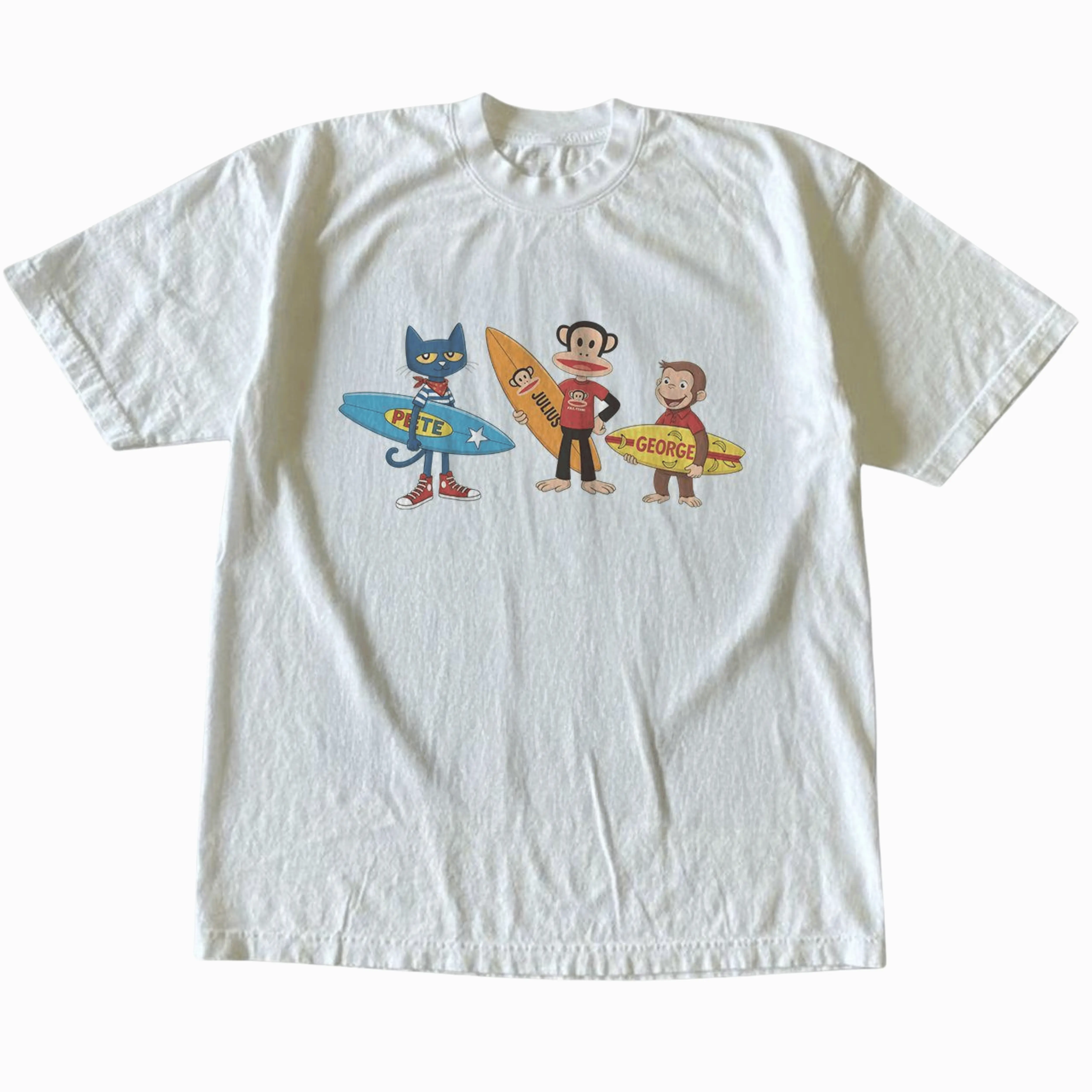 Gildan Men's White T-shirt, Vintage Style Curious George Julius Pete Surfing Graphic Tee, Gift for Him, Men Streetwear Fashion, Trendy Oversized Top, Summer Beach Outfit, West Coast Surfing Shirt, Retro Cartoon Apparel, Paul Frank Vibe, 90s Nostalgia Vibe