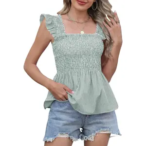 Womens Tank Tops Fashion Summer Ruffle Flying Sleeve Smocked Blouses Square Neck Sleeveless Shirts Babydoll Shirt