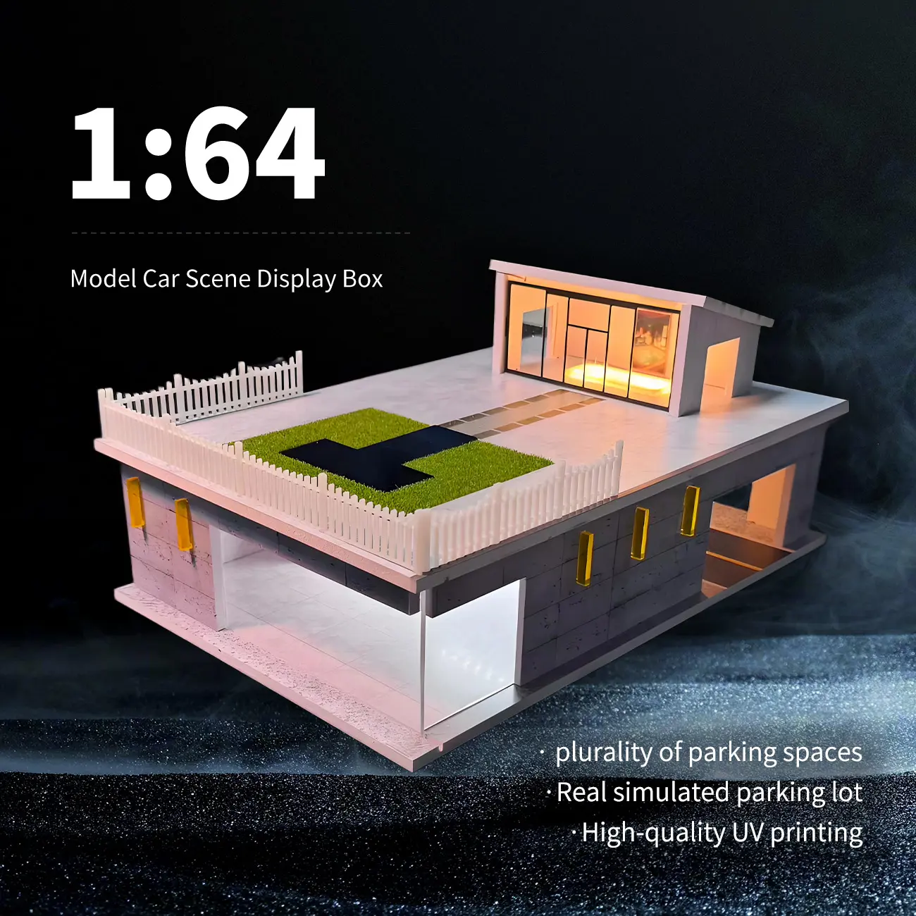 1:64 Scale LED Model Car Diorama - Premium Display Scene with Parking Lot for Hot Wheels Tomica Mini GT Diecast Vehicles (Sunroom Villa)