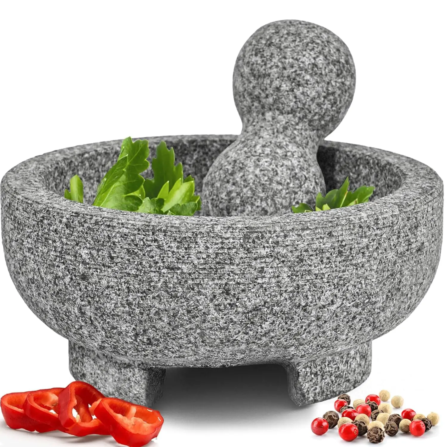 6.1 in Sturdy Granite Mortar and Pestle Set - 2-Cup Stone Molcajete Mexicano Kitchen Gadgets, Seasoning Utensils for Fresh Guacamole, Salsa, Grey Small Bowl, Home