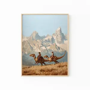 Vintage Cowboy Riding Dinosaur Together Print, Western Jurassic Wall Art Poster (Unframed)