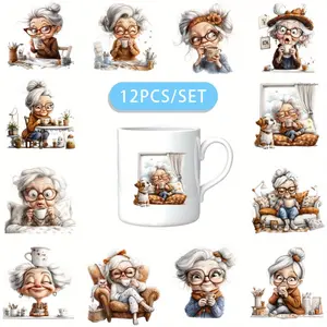 12PCS/SET The Old lady Drinks Coffee DIY Skinny Tumblers Wrap Decorative transfer paper UV DTF High Self-adhensive Wraps Transfers Decor Transfer Paper On Cup Adhesive Vinyl Decal Crafts Cup Stickers