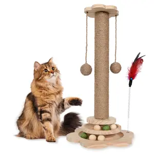 Multi-Functional Vertical Cat Scratcher - Wear-Resistant Hemp Rope Style with Turntable Toy & Random Feather Wand, Non-Flaking Scratch Post, Interactive Self-Play Pet Toy for Indoor Cats & Kittens