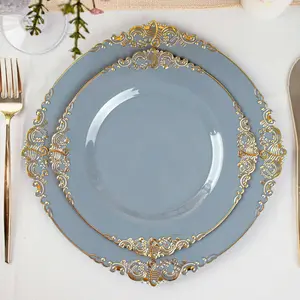 10-Pack Plastic Round Dessert Plates 8" Dusty Blue with Gold Leaf Embossed Rim - Vintage Baroque Style Disposable Salad Plates