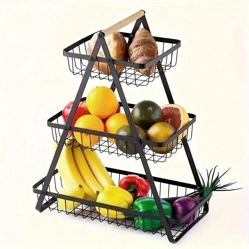TAIMASI [1pc Metal Storage Basket] 1pc Elegant Black Metal Wire Multi-Tier Detachable Bathroom & Kitchen Storage Basket | Wooden Handle, Food-Safe Countertop Basket For Fruits, Bread, Home Organization, Bathroom Basket Organizer, Durable Construction