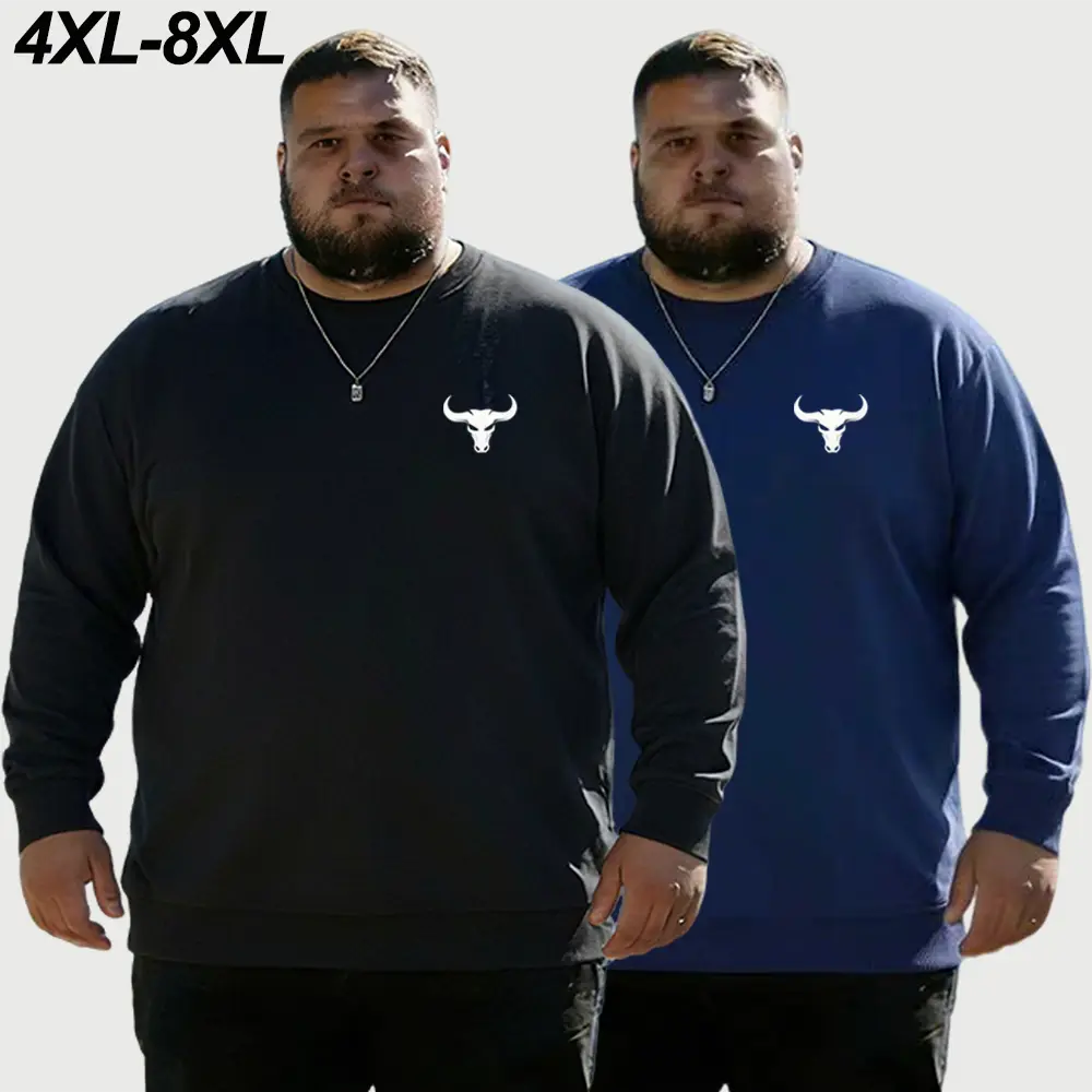 【4XL-8XL】2-pack men’s plus-size printed crewneck long-sleeve sweatshirts, comfortable and breathable with a relaxed, oversized fit; solid-color, simple, versatile long sleeves suitable for everyday commuting and casual sports.