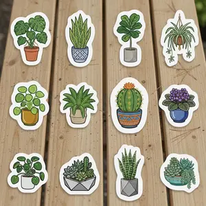 12 Pack Vinyl Sticker Set, House Plants, Embroidery Style Monstera, Fiddle Leaf Fig, Snake Plant, Succulent, Laptop Decal, Plant Gift
