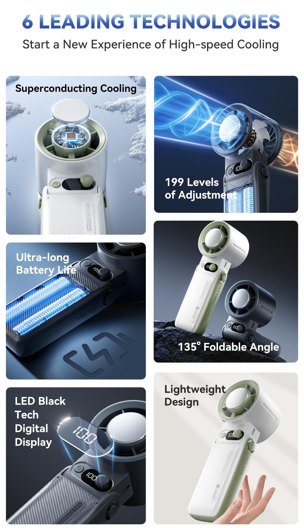 Portable Handheld Turbo Fan, 3-in-1 Rechargeable, 199 Adjustable Levels, Up to 30 hours of use, with Digital Display, One-Click Semiconductor Cooling, 135° Adjustable Airflow, Ideal for Summer Travel & Outdoor Activities, High Speed Fan, Portable fan