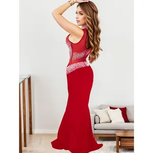 Women's Formal Red Rhinestone-Embellished Knit Solid Mesh Bodycon Dress - Long Sleeve, High Neck, Stretchy Fabric, Ideal for Parties, Evening Events