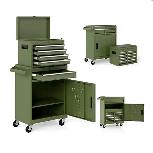 SUGIFT 2-in-1 Rolling Tool Chest Cabinet with 5 Lockable Drawers, Mobile Tool Storage Cabinet with Wheels, Heavy-Duty Tool Organizer, 220.5-Lb Load Capacity, Green Tool Cart for Garage, Workshop, Mechanic, Automotive Repair and Home