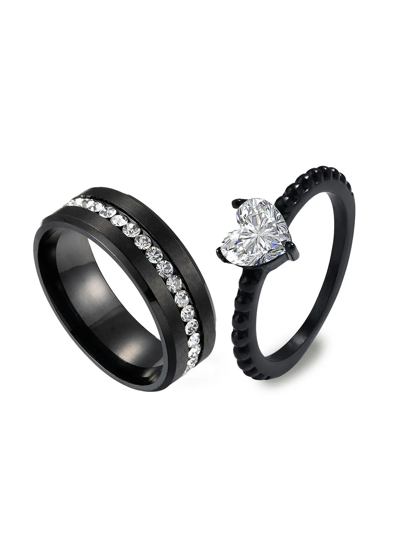 Rhinestone Decorated Artificial Zircon Ring Couple Statement Metal Ring, 2pcs/set Engagement Stackable Matching Rings, Stacking Rings, for Couple, Trendy Stainless Steel Jewelry, Holiday Gift, with Box, Beautiful Rings, Valentine's Day
