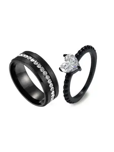 Fashion Elegant Rhinestone Decorated Artificial Zircon Ring Couple Statement Metal Ring, 2pcs/set Engagement Stackable Matching Rings for Couple, Trendy Stainless Steel Jewelry, Ideal Holiday Gift for Men and Women, with Box, Valentine's Day, Gift