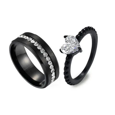 Rhinestone Decorated Artificial Zircon Ring Couple Statement Metal Ring, 2pcs/set Engagement Stackable Matching Rings, Stacking Rings, for Couple, Trendy Stainless Steel Jewelry, Holiday Gift, with Box, Beautiful Rings, Valentine's Day