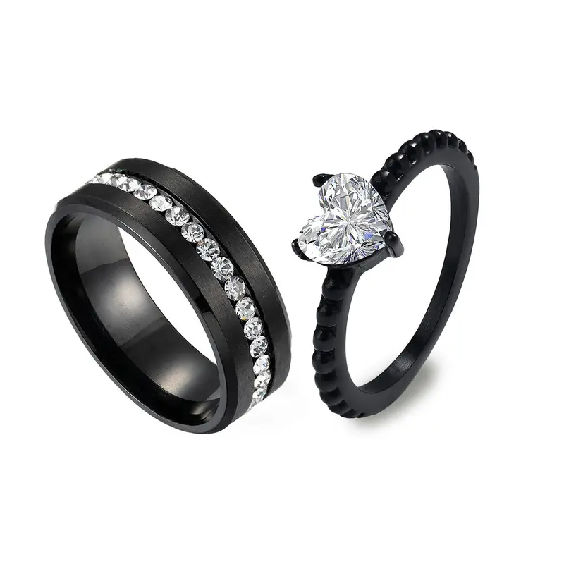 Rhinestone Decorated Artificial Zircon Ring Couple Statement Metal Ring, 2pcs/set Engagement Stackable Matching Rings, Stacking Rings, for Couple, Trendy Stainless Steel Jewelry, Holiday Gift, with Box, Beautiful Rings, Valentine's Day