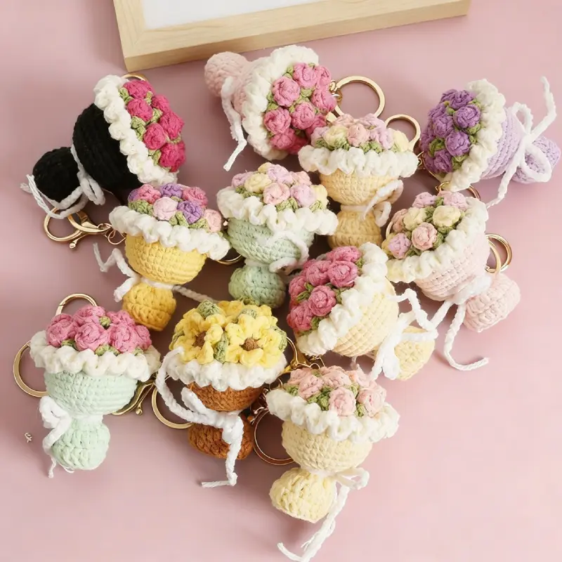 Handmade Crochet Rose Keychain Mini Floral Bouquet Knitting Keyrings Cute Flower Keychain For Gifts Wholesale Charms