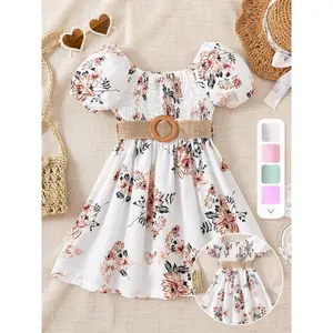 Suitable for Toddler Girls Floral Pattern Puff Sleeve Ruched Belted Princess Dress Party Beach Vacation Children's Summer Outfit