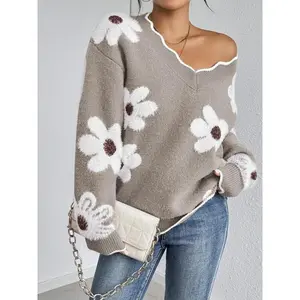 Women's Floral Pattern Scallop Trim Drop Shoulder Sweater, Casual Long Sleeve V Neck Jumper for Fall & Winter, Fashion Ladies' Knitwear for Daily Wear cardigans cardigan cardigan for women