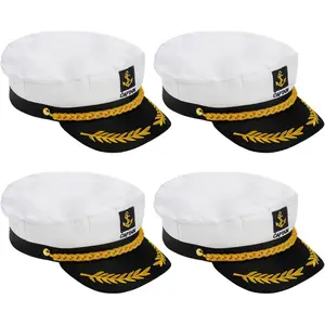 4-Pack White Yacht Captain Costume Hats, Adjustable Sailor Hats, Navy Blue, One Size for Adults, Party Costume Accessories, Size Inches