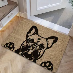 1pc Modern French Bulldog Outdoor Doormat, Animal Print Rug, Flannel Material, 0.4inch Sponge Thickness/580g/m² Density Cloth, Urban Visual Symbols, Upright Ears and Front Legs Design with Single Emblem Core Image for Boutique Cafes Entrances & Studio