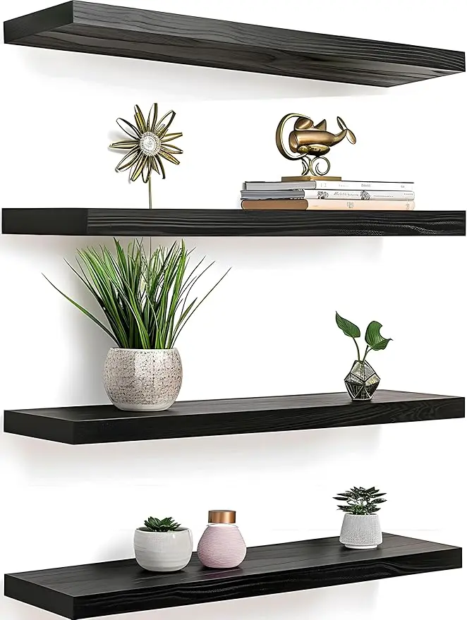 Set of 4 Wood Floating Shelves for Wall Rustic Wall Shelf for Bedroom Living Room Black Finish Decorative Storage Shelves