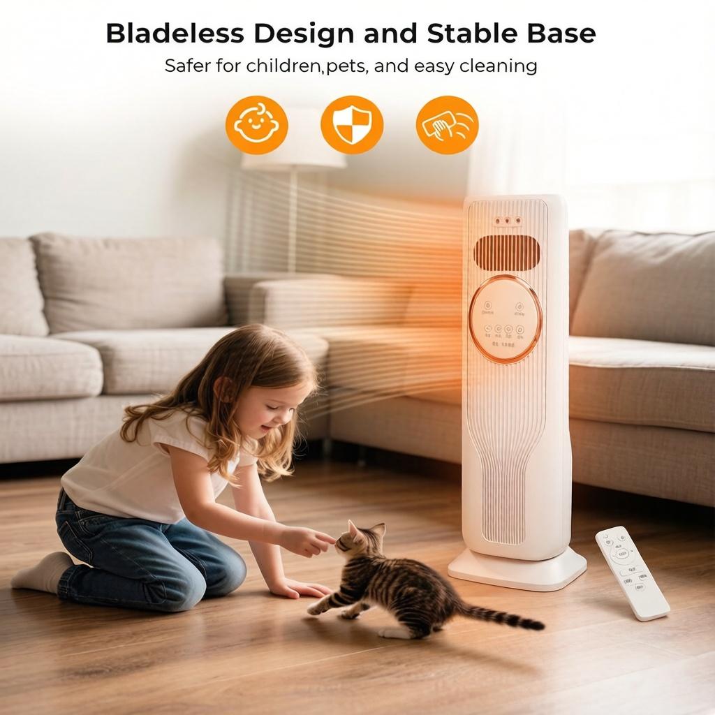 Multi-Functional Bladeless Tower Fan Heater – 3 Fan Speeds, 2 Heat Levels, Remote Included, Ice Water Cool Breeze, Energy Efficient, All-Season Use – Must-Have Home Appliance