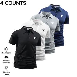 Men’s quick-dry athletic polo shirt with a bull head print, turn-down collar, short sleeves—breathable for fitness, suitable for business casual wear.