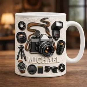 Personalized Name Photographer Mug, Photography Lover Coffee Cup, Professional Photographer Gift, Camera Enthusiast Mug, DSLR Camera Coffee Cup, Photo Studio Gift, Photography Business Owner Mug, Camera Lens Lover Gift, Creative Photographer Mug