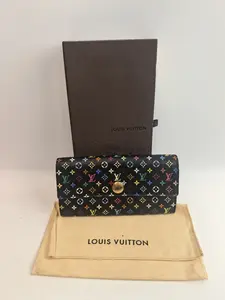 Pre-owned Louis Vuitton leather Small Leather Goods Sarah Wallet in Monogram Multicolore Black with Fuchsia Lining XP01844 (BF 12Z)