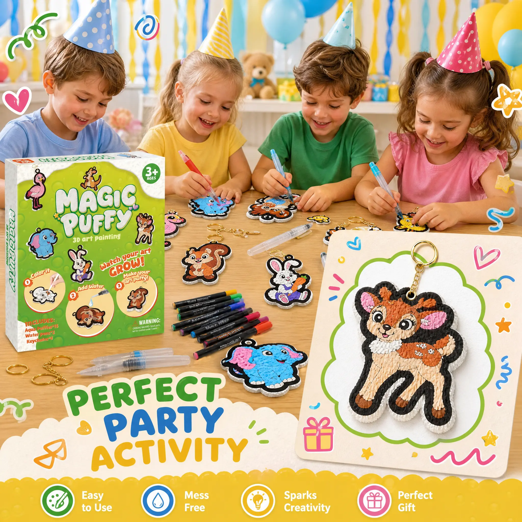 Aqua Puffs Puffy Art Beginner Craft Kit - DIY Craft Kits for Creative Kids, Art Drawing Supplies for 3D Foam Creations with Water, Includes 15 Sheets, 12 Markers, 2 Water Pens, 6 Keychains, Decoration, Perfect Gift, 3D Puffy Art