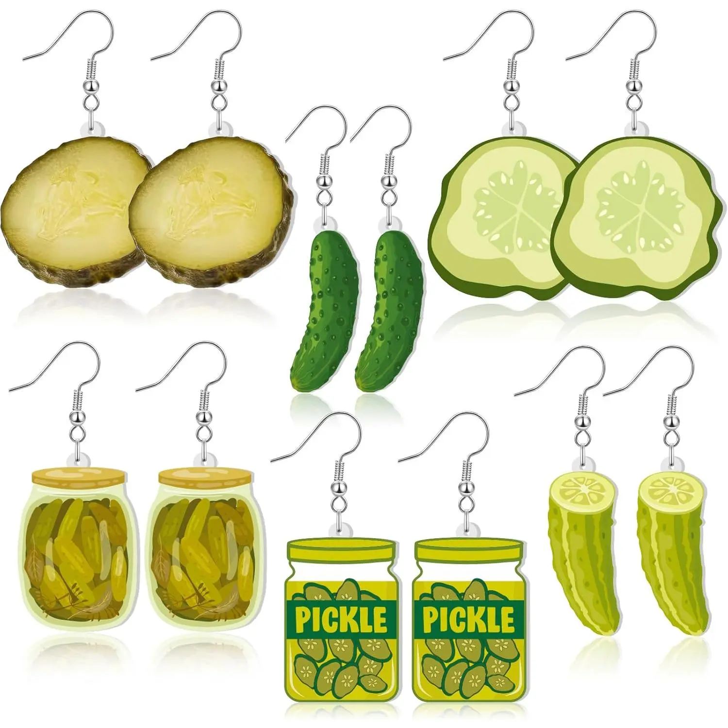 Women's 6-Pair Acrylic & Alloy Drop Dangle Earrings - 6 Styles Lifelike Cucumber Martini Pickle Jewelry, 1.4 inch (3.56 cm) Funny Cute Accessories for Bow Bar Party