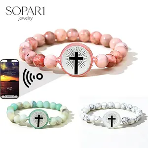 NFC Daily Bible Cross Bracelet with Stone Beads Adjustable Couple Bracelet Gospel Religious Jewelry for Birthday Christmas New Year Valentine's Day Gift