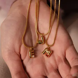 Gemstone Bubble Initial Necklace by Caitlyn Minimalist - Chunky 18K Gold Plated Letter Pendant Necklace in Snake Chain - Trendy Birthstone Jewelry - Best Friend Gift