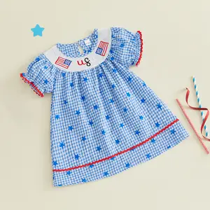Toddler Baby Girl Patriotic Gingham Dress Crew Neck Stars Embroidered Yoke Puff Sleeve Sundress 4th of July Clothes
