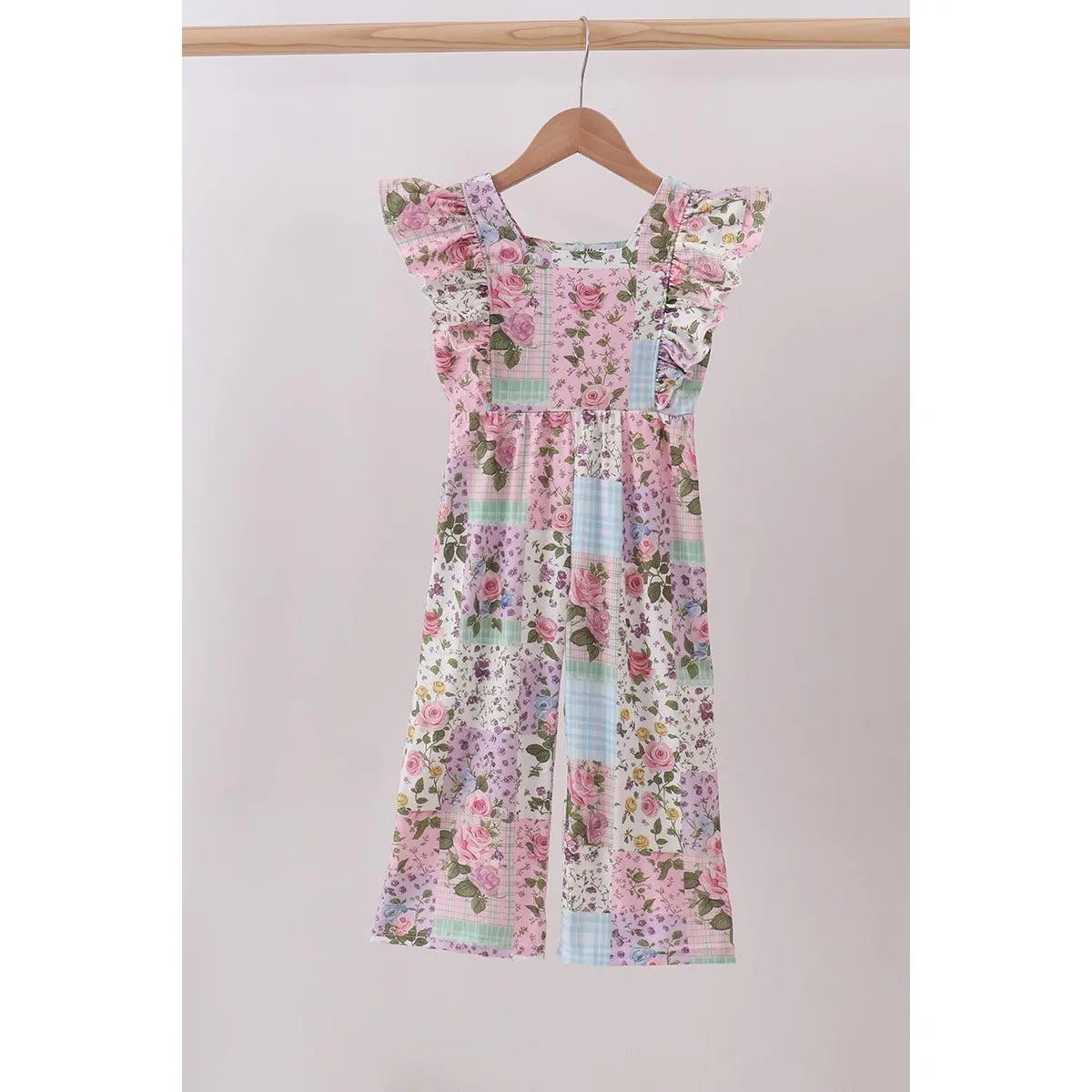 Purple floral checkered ruffle jumpsuit
